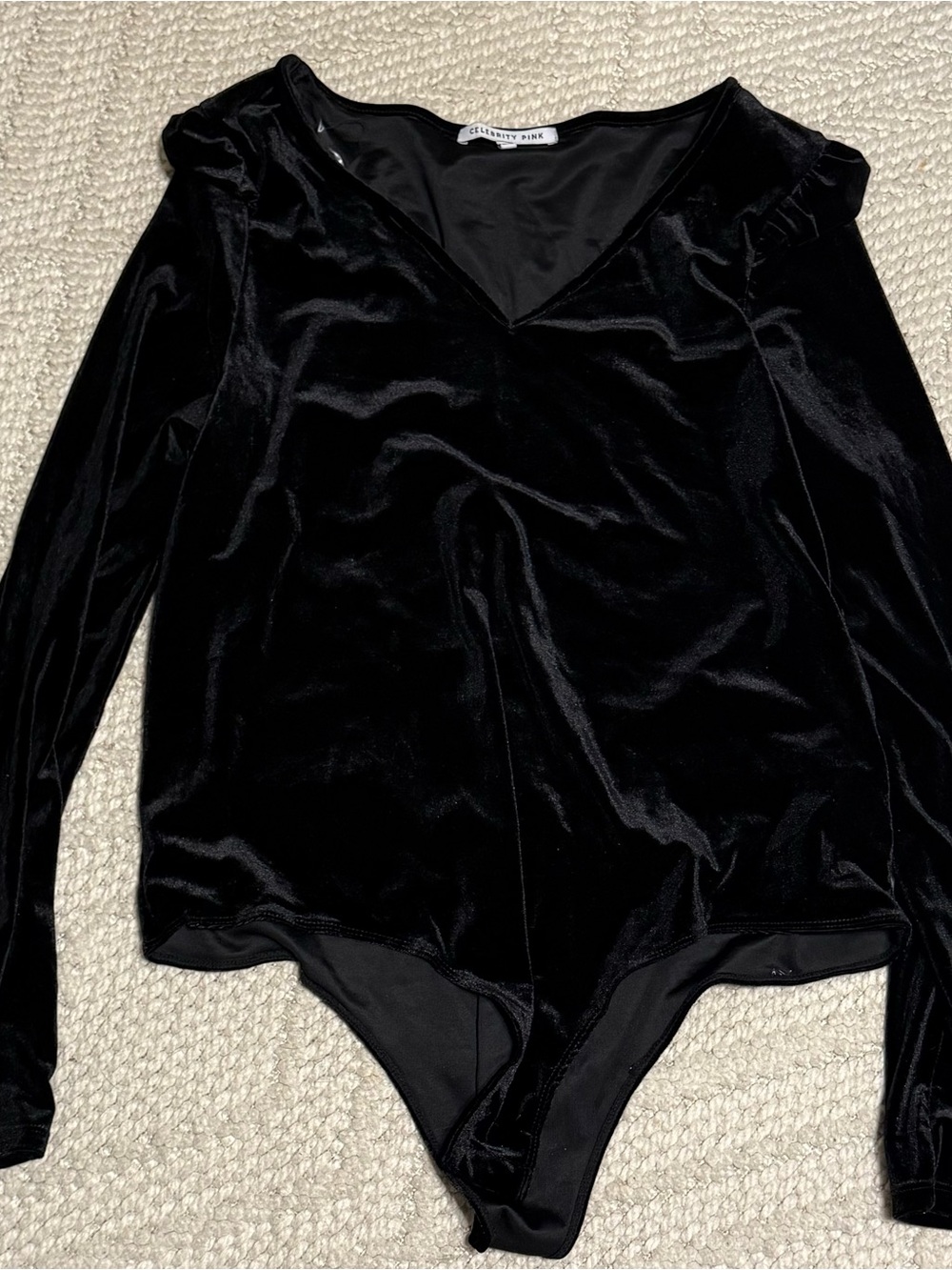 Celebrity Pink Black Velvet V-Neck Long Sleeve Bodysuit
